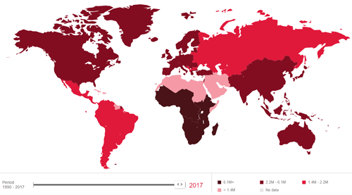 The prevalence of AIDS in the world from 2010 to 2017