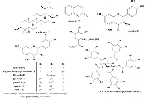Chemical structures of isolated constituents from mixture of Agrimonia pilosa (AP) leaves and Galla rhois (RG) fruits in 50% EtOH extract (APRG64)