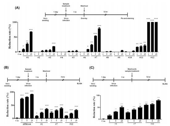 Antiviral activity of active components isolated from APRG64 against SARS-CoV-2. Vero cells were seeded 1 day before infection