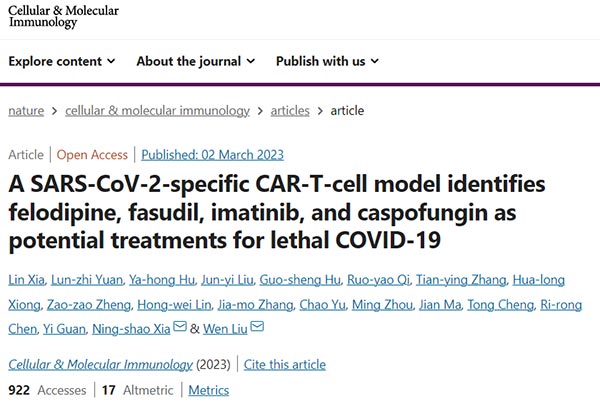 5.A SARS-CoV-2-specific CAR-T-cell model identifies felodipine, fasudil, imatinib, and caspofungin as potential treatments for lethal COVID-19