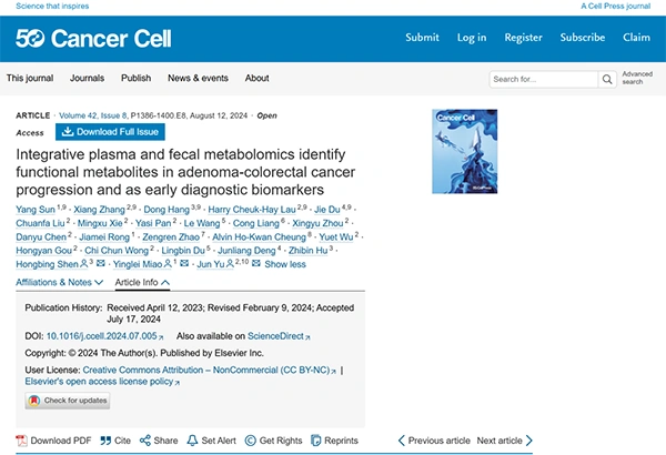 Integrative plasma and fecal metabolomics identify functional metabolites in adenoma-colorectal cancer progression and as early diagnostic biomarkers
