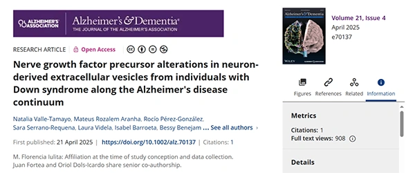 Nerve growth factor precursor alterations in neuron‐derived extracellular vesicles from individuals with Down syndrome along the Alzheimer's disease continuum