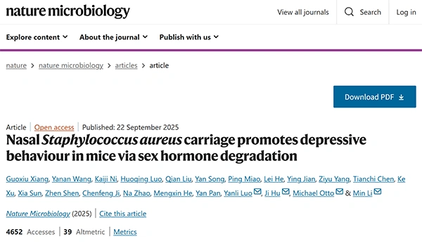 Nasal Staphylococcus aureus carriage promotes depressive behaviour in mice via sex hormone degradation