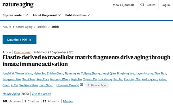 Elastin-derived extracellular matrix fragments drive aging through innate immune activation
