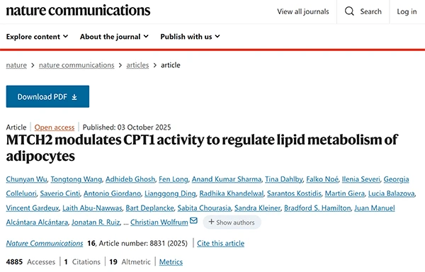 MTCH2 modulates CPT1 activity to regulate lipid metabolism of adipocytes
