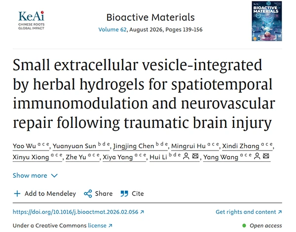 Small extracellular vesicle-integrated by herbal hydrogels for spatiotemporal immunomodulation and neurovascular repair following traumatic brain injury