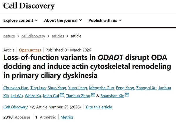Loss-of-function variants in ODAD1 disrupt ODA docking and induce actin cytoskeletal remodeling in primary ciliary dyskinesia
