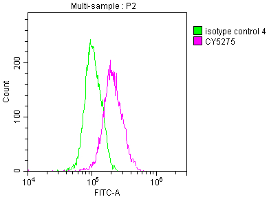 Overlay histogram showing A549 cells stained with CSB-RA181189A0HU (red line) at 1:50. The cells were fixed with 70% Ethylalcohol (18h) and then incubated in 10% normal goat serum to block non-specific protein-protein interactions followedby the antibody (1microg/1*106 cells) for 1 h at 4°C.The secondary antibody used was FITC-conjugated goat anti-rabbit IgG (H+L) at 1/200 dilution for 30min at 4°C. Control antibody (green line) was Rabbit IgG (1microg/1*106 cells) used under the same conditions. Acquisition of >10,000 events was performed.