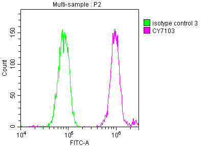 Overlay histogram showing Hela cells stained with CSB-RA231179A0HU (red line) at 1:50. The cells were fixed with 70% Ethylalcohol (18h) and then incubated in 10% normal goat serum to block non-specific protein-protein interactions followedby the antibody (1microg/1*106 cells) for 1 h at 4°C.The secondary antibody used was FITC-conjugated goat anti-rabbit IgG (H+L) at 1/200 dilution for 30min at 4°C. Control antibody (green line) was Rabbit IgG (1microg/1*106 cells) used under the same conditions. Acquisition of >10,000 events was performed.